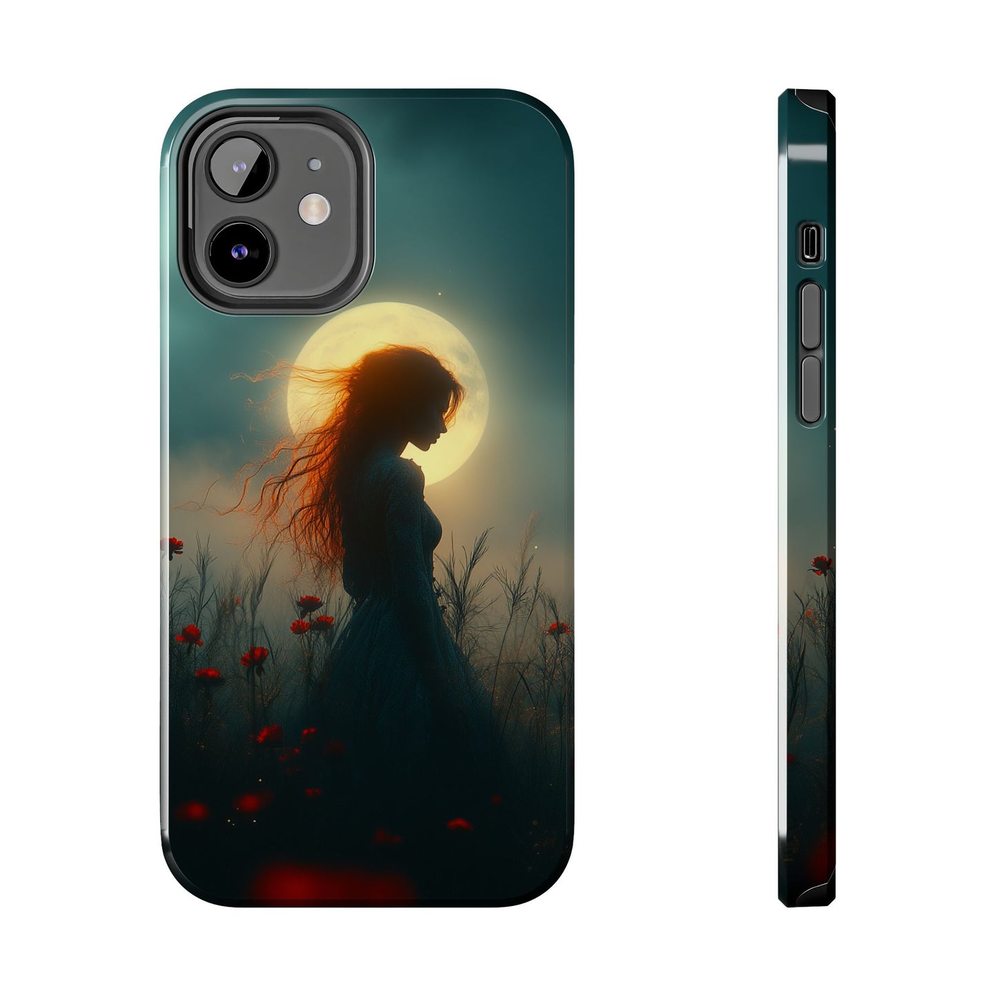 Phone Case - Mysterious Lady in Field of Wild Flowers under a glowing moon