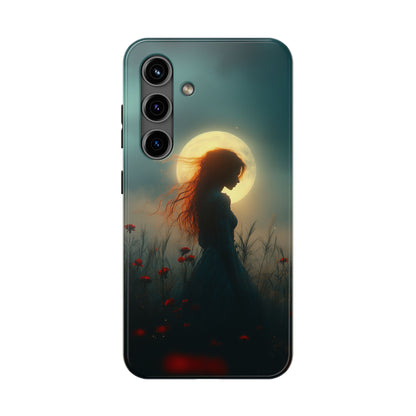 Phone Case - Mysterious Lady in Field of Wild Flowers under a glowing moon