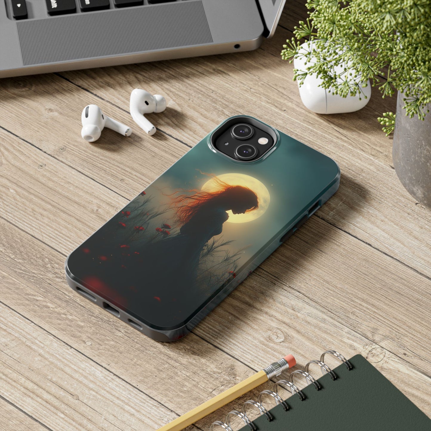 Phone Case - Mysterious Lady in Field of Wild Flowers under a glowing moon