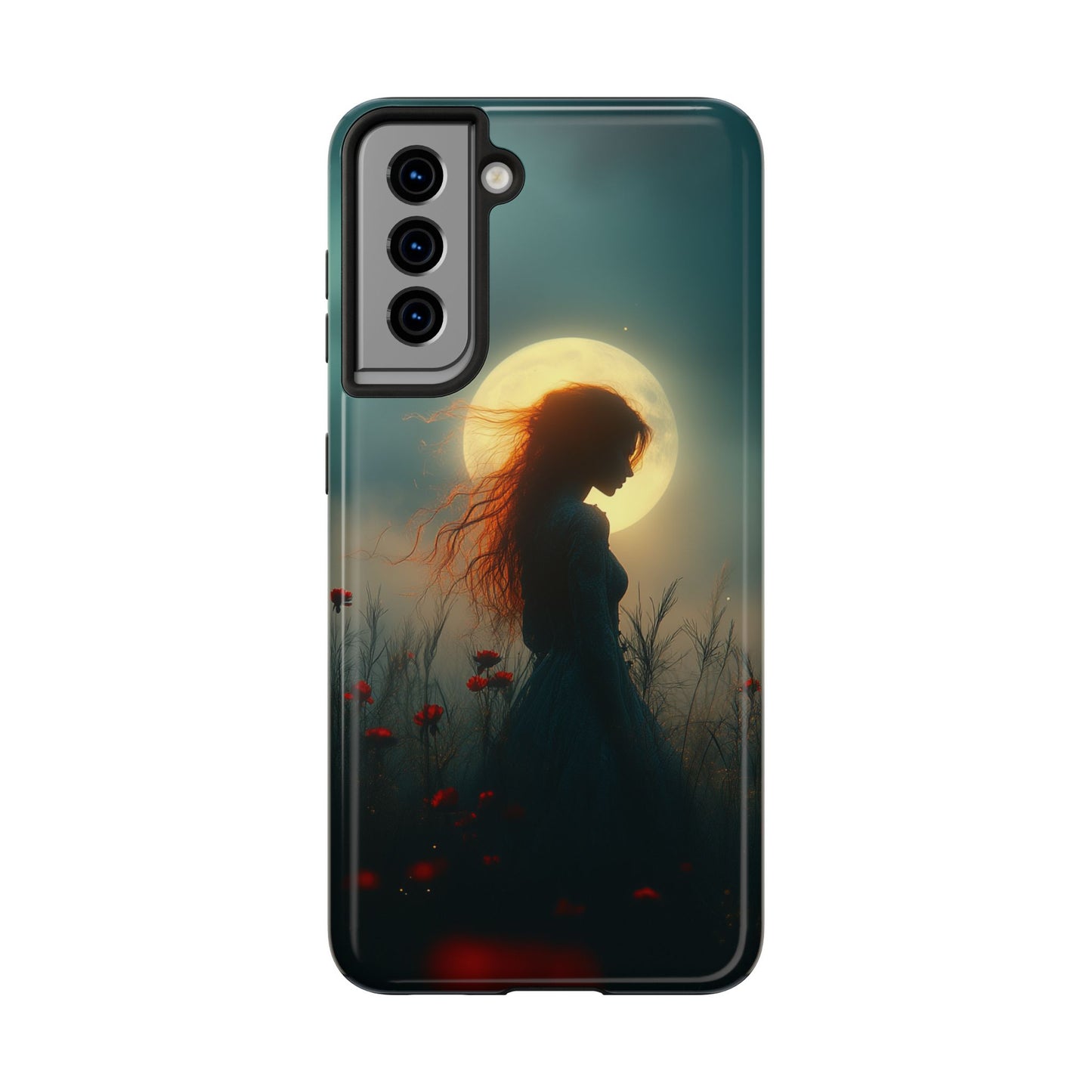 Phone Case - Mysterious Lady in Field of Wild Flowers under a glowing moon