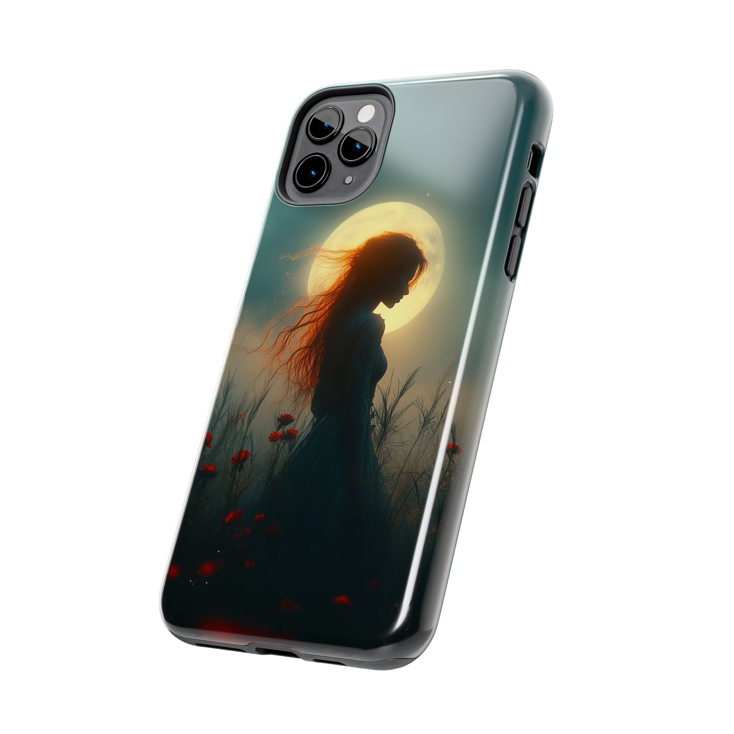 Phone Case - Mysterious Lady in Field of Wild Flowers under a glowing moon