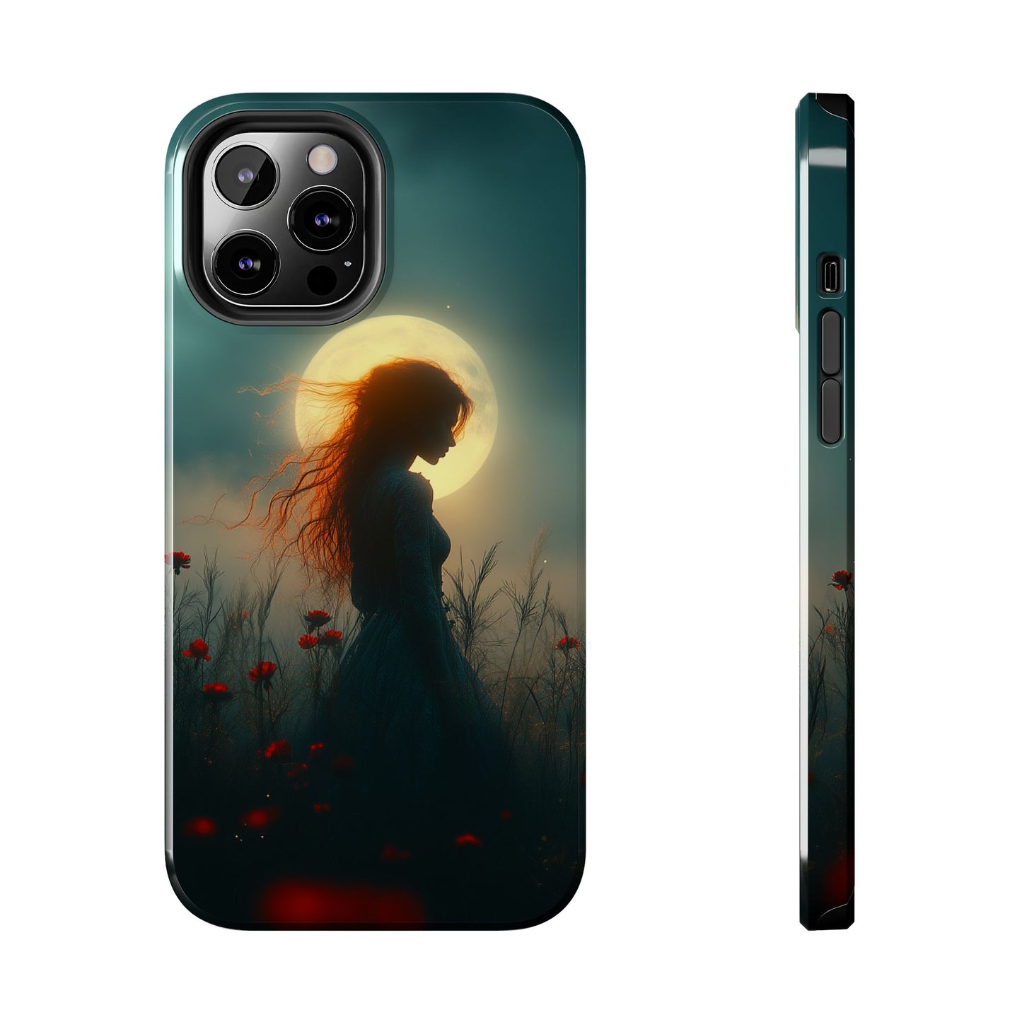 Phone Case - Mysterious Lady in Field of Wild Flowers under a glowing moon