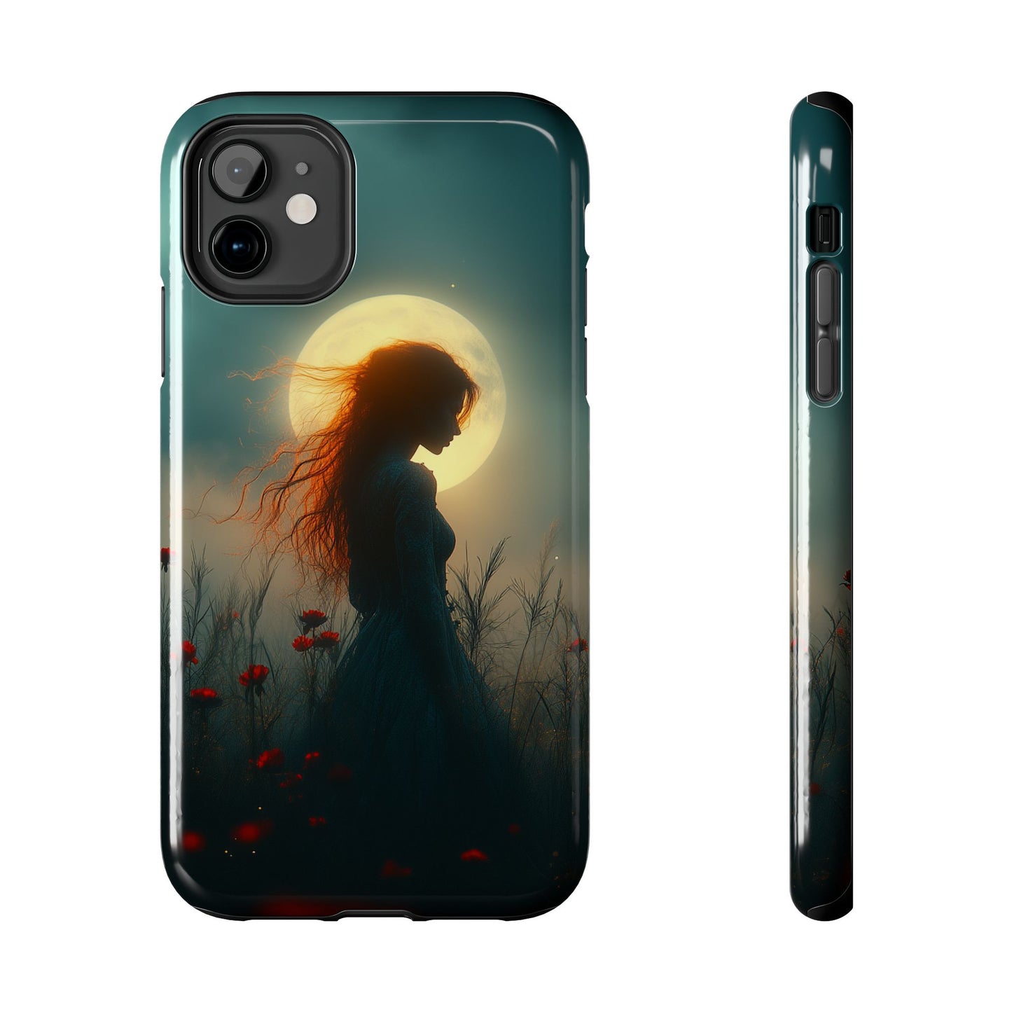 Phone Case - Mysterious Lady in Field of Wild Flowers under a glowing moon