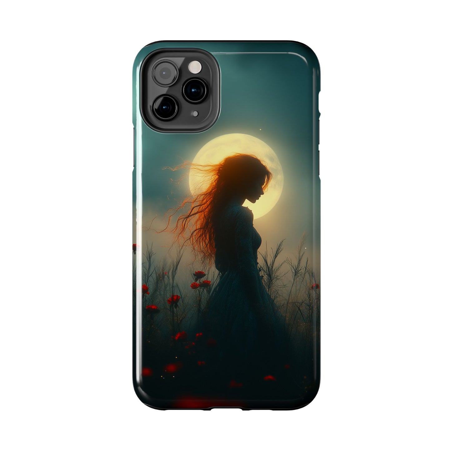 Phone Case - Mysterious Lady in Field of Wild Flowers under a glowing moon