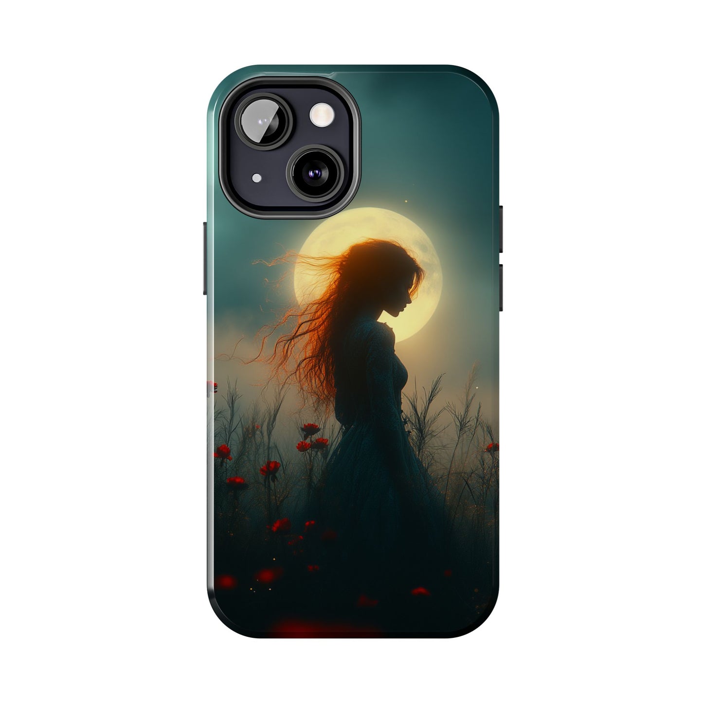 Phone Case - Mysterious Lady in Field of Wild Flowers under a glowing moon