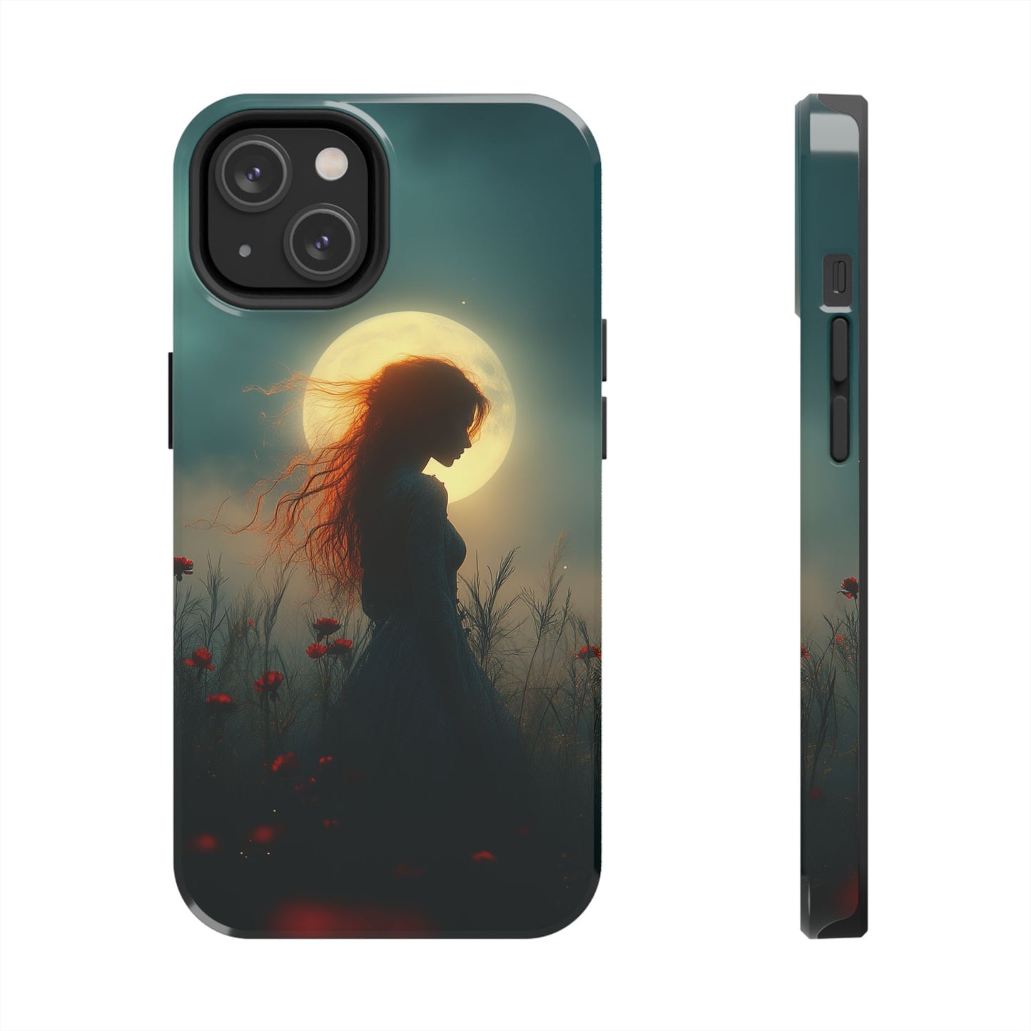 Phone Case - Mysterious Lady in Field of Wild Flowers under a glowing moon