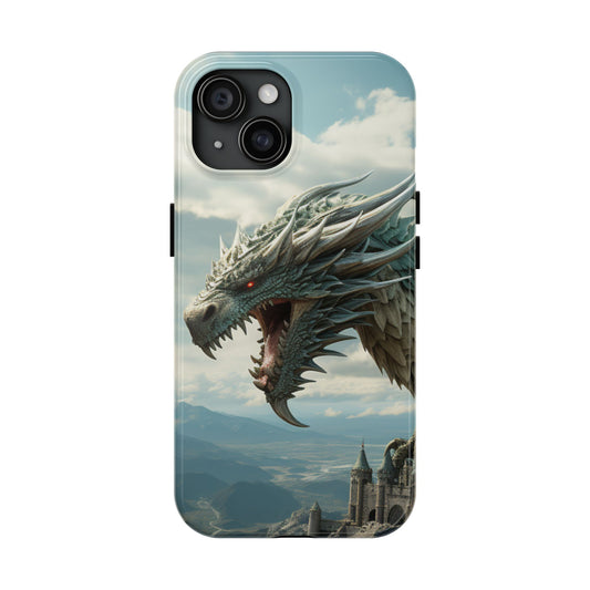 Fantasy Tough Phone Case with Silver White Dragon and Castle Design