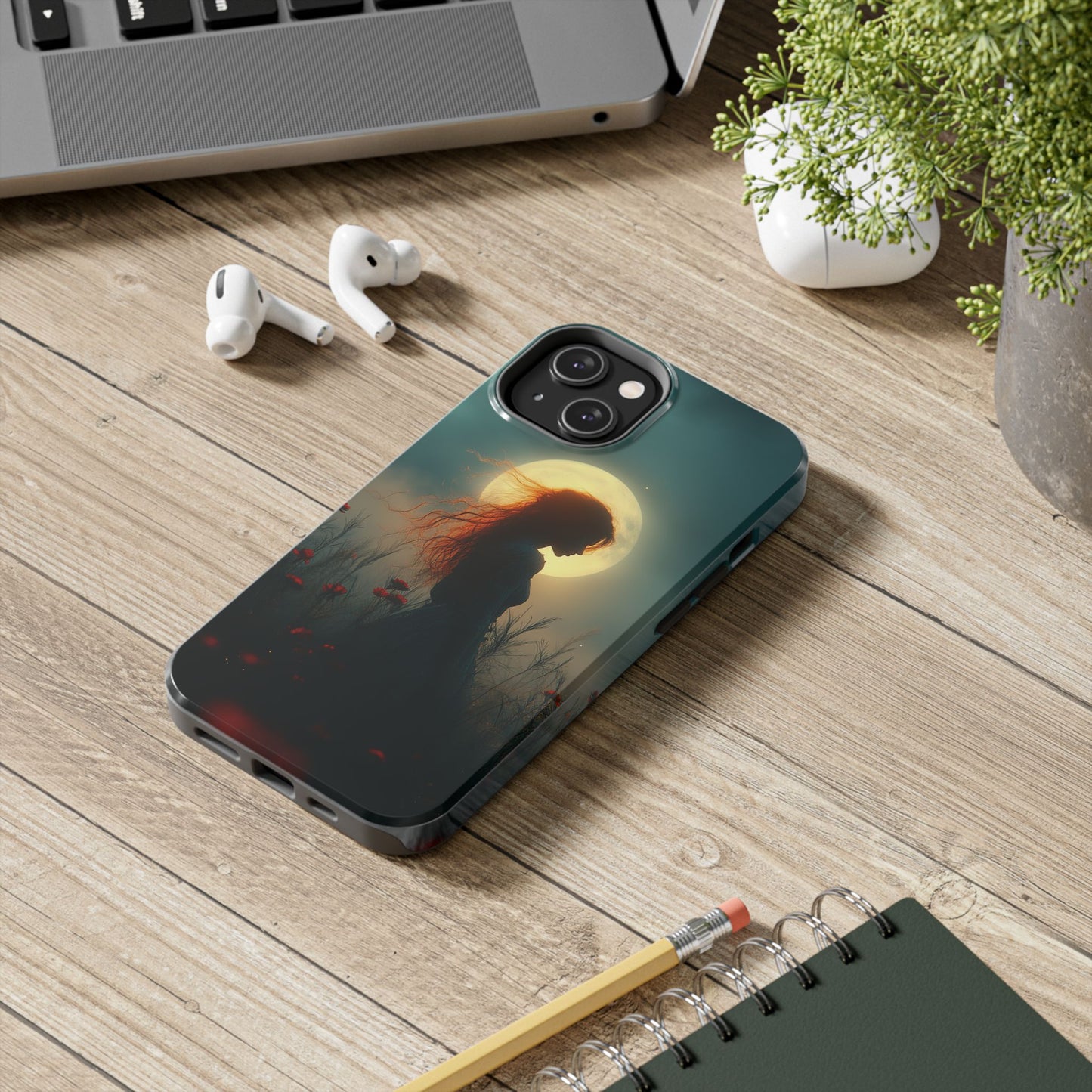 Phone Case - Mysterious Lady in Field of Wild Flowers under a glowing moon