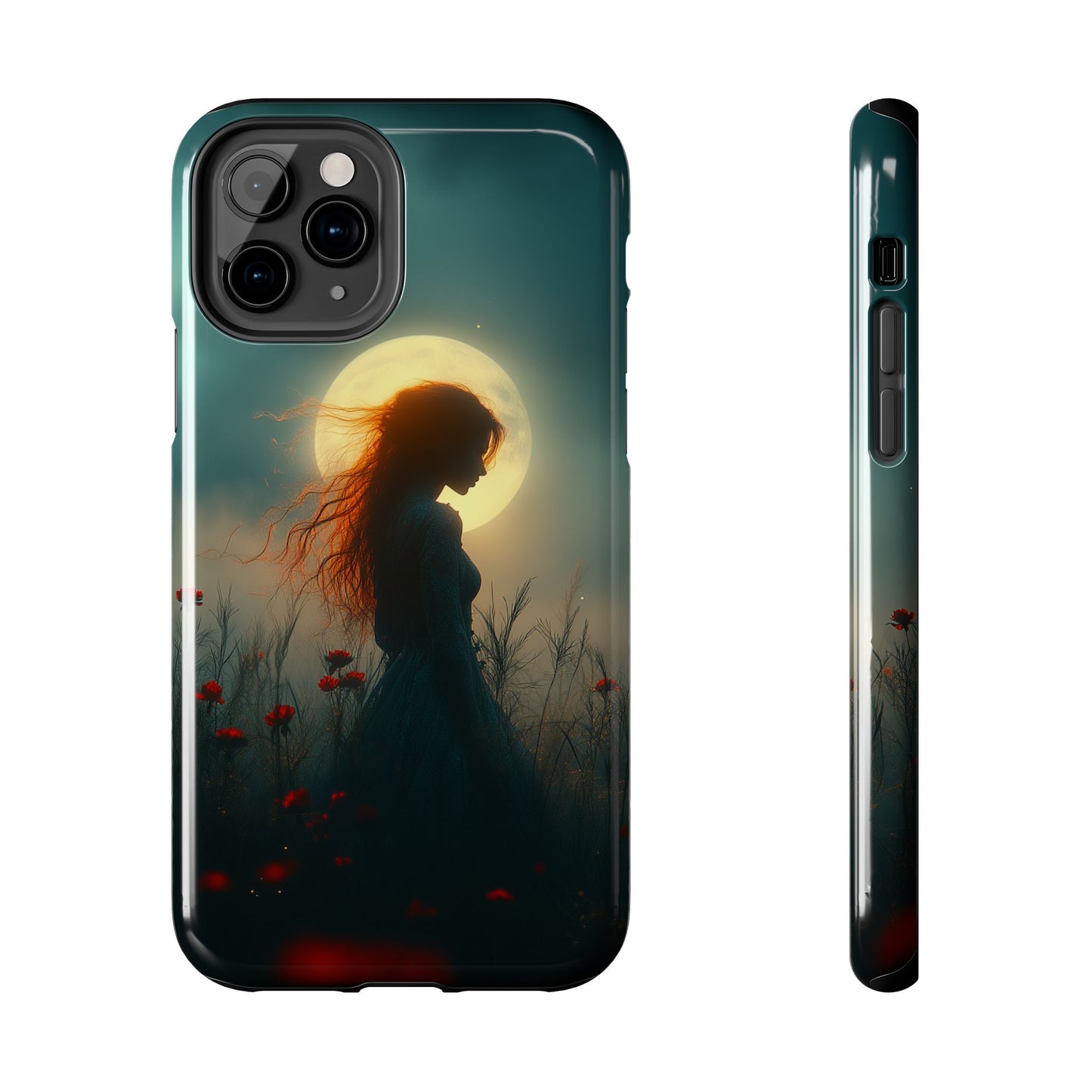 Phone Case - Mysterious Lady in Field of Wild Flowers under a glowing moon