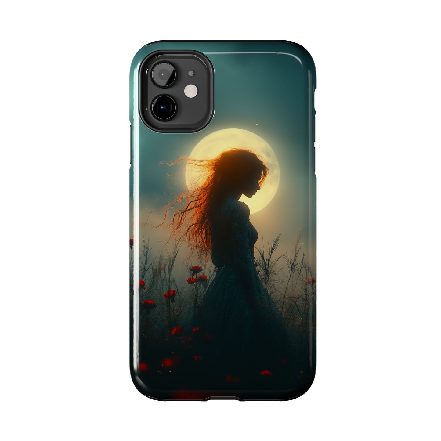 Phone Case - Mysterious Lady in Field of Wild Flowers under a glowing moon