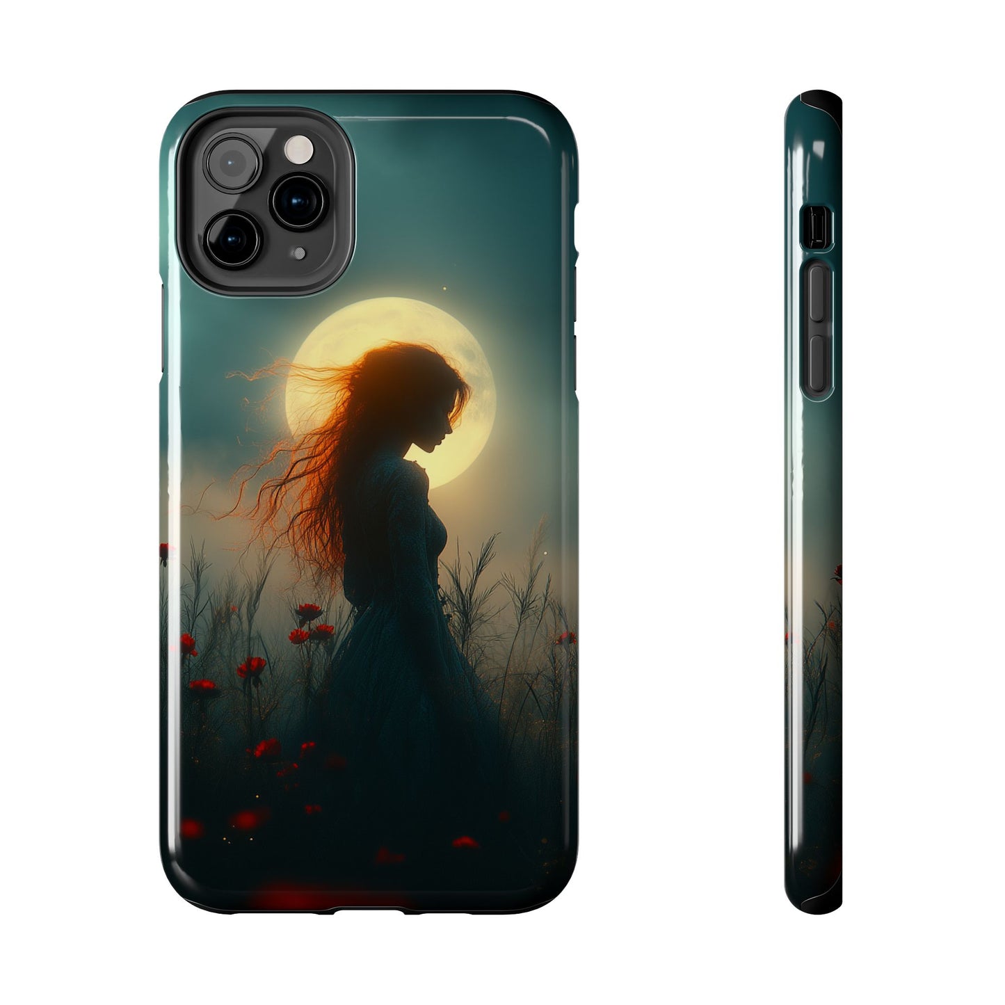 Phone Case - Mysterious Lady in Field of Wild Flowers under a glowing moon