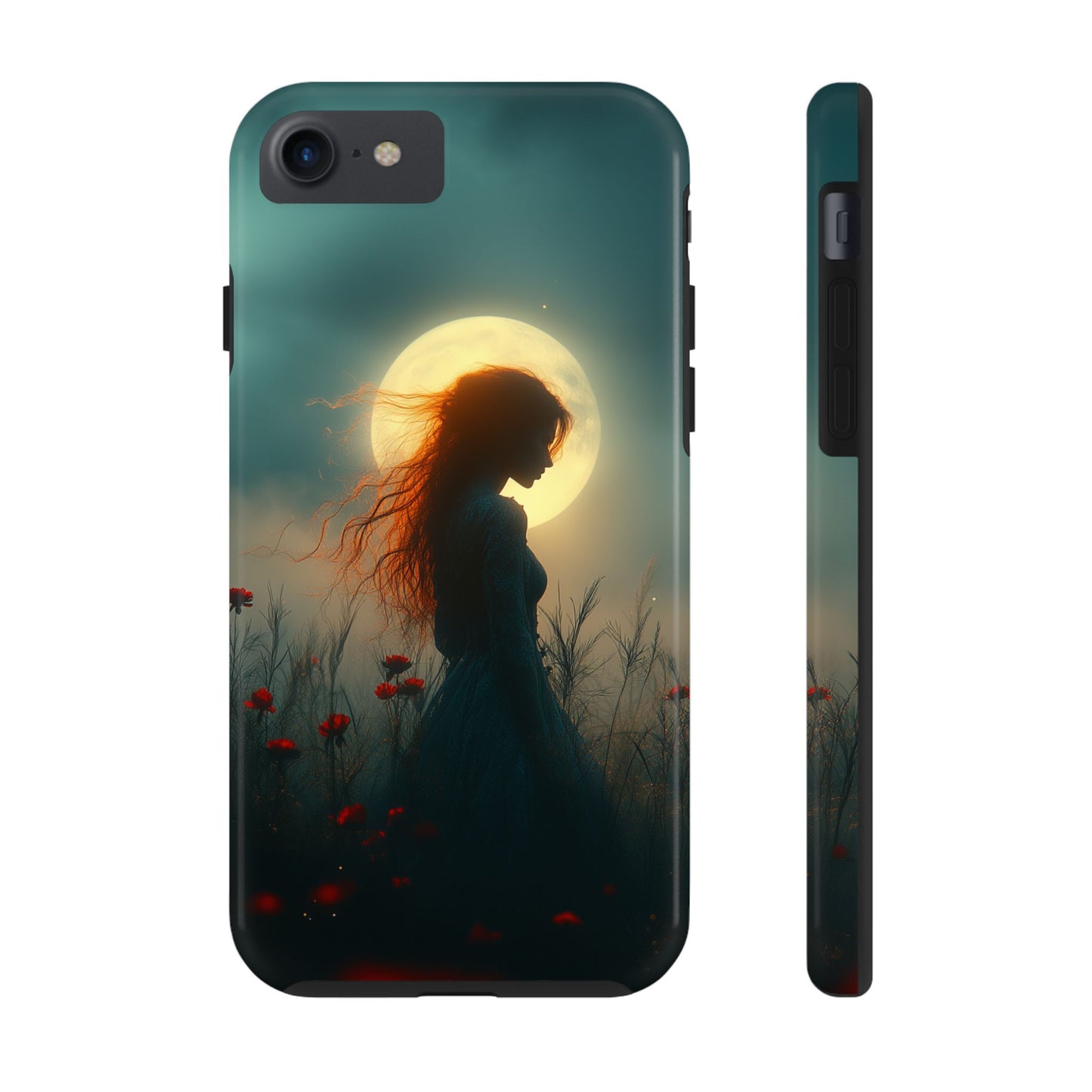 Phone Case - Mysterious Lady in Field of Wild Flowers under a glowing moon