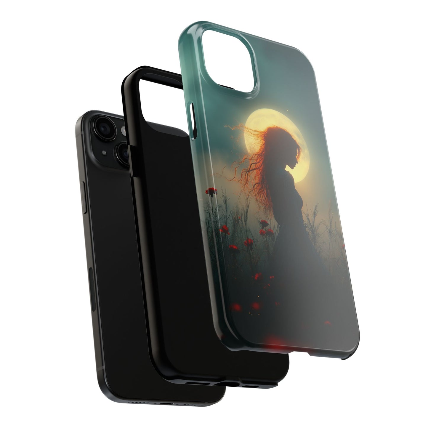 Phone Case - Mysterious Lady in Field of Wild Flowers under a glowing moon