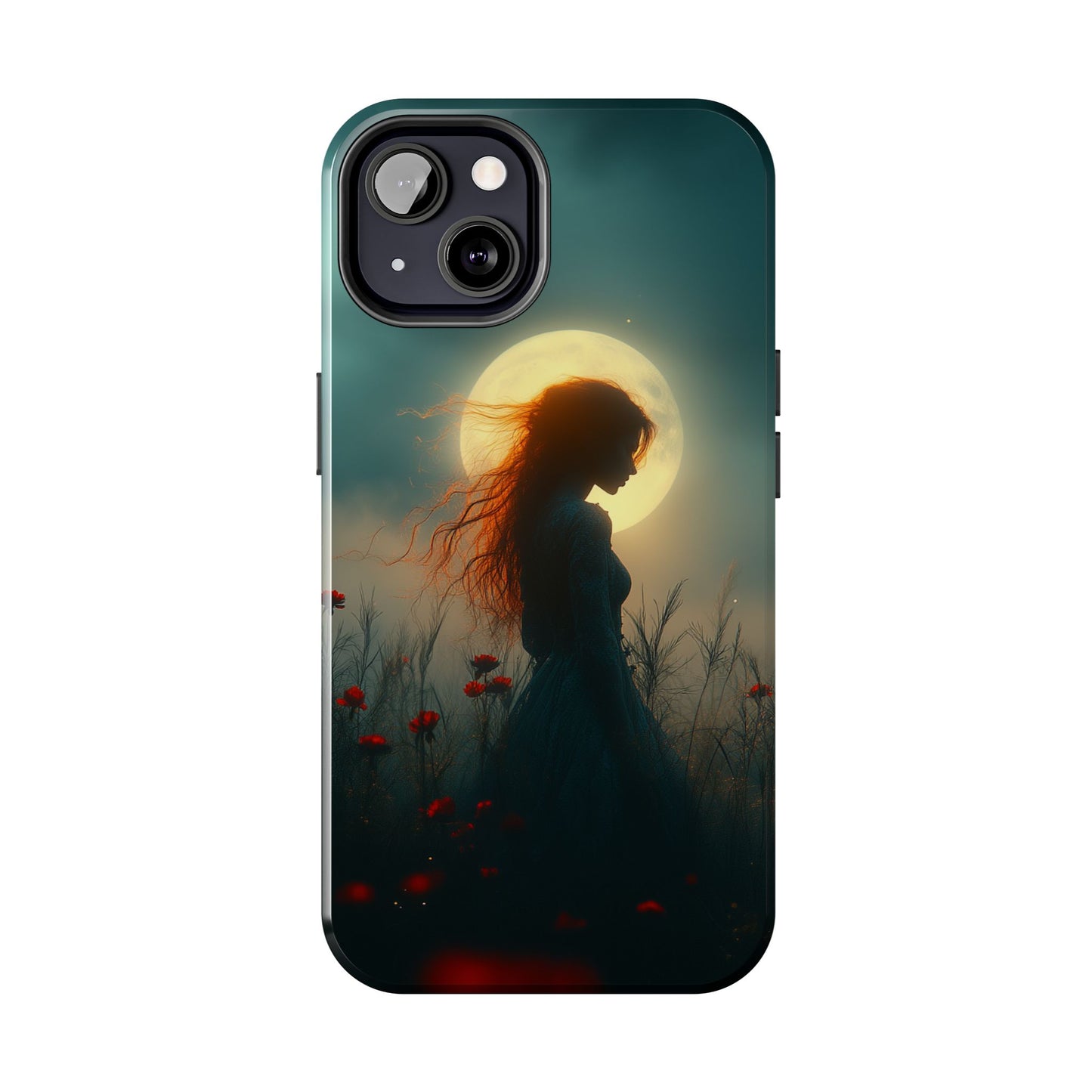 Phone Case - Mysterious Lady in Field of Wild Flowers under a glowing moon